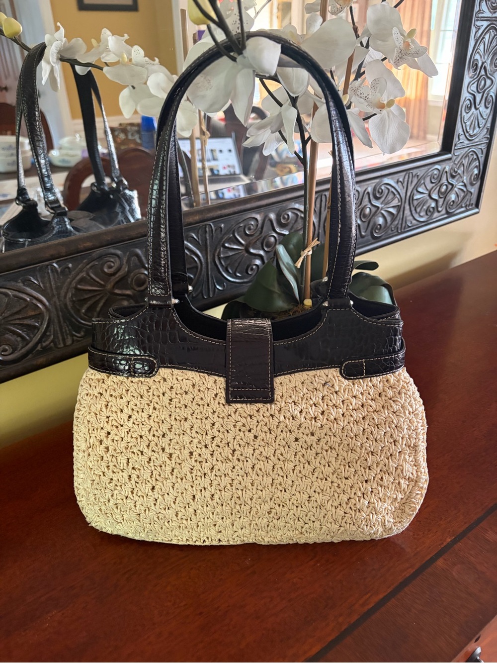 Brighton Straw Handbag with Black Croc-Leather Trim And Brighton Heart Charm - Picture 2 of 11